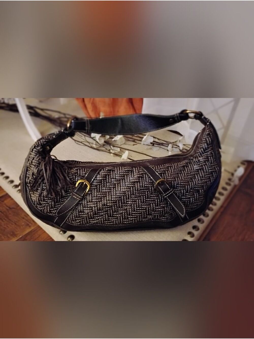Elliott Lucca Hobo Under Arm Bag. Shoulder Bag. Woven Leather. Brown